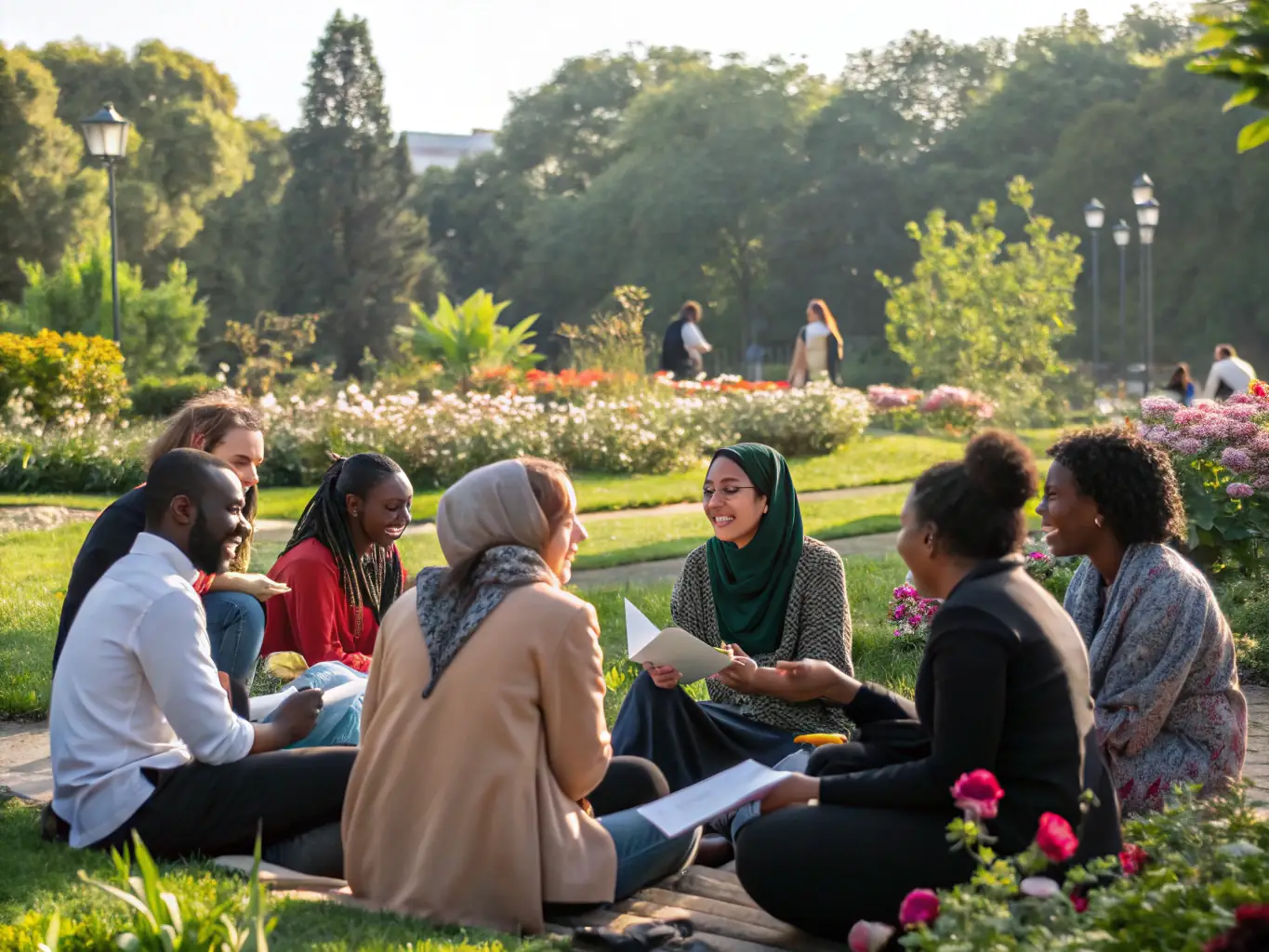 A vibrant image showcasing a diverse group of festival organizers collaborating on a project, with musical instruments and cultural artifacts in the background, symbolizing international cooperation.