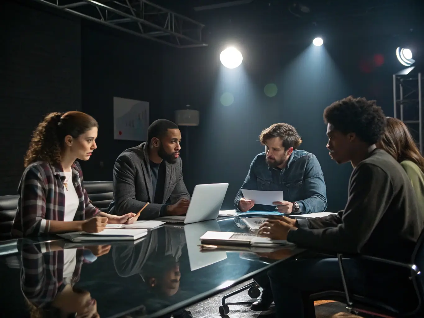 A dynamic image depicting festival organizers from different countries engaged in a strategic planning meeting, highlighting the collaborative decision-making process and the sharing of best practices.