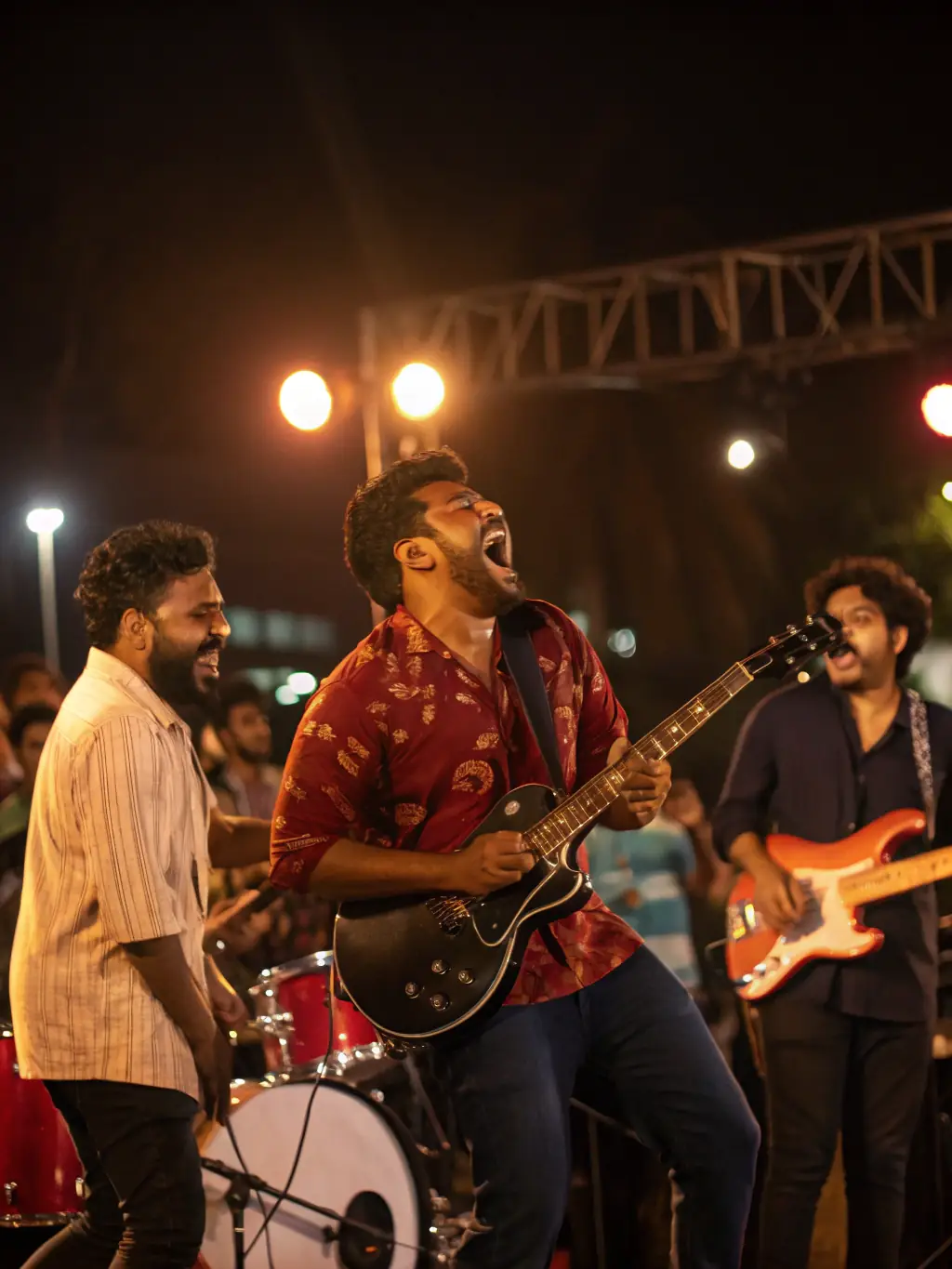 A diverse group of musicians from different countries performing together on a vibrant stage, symbolizing the global collaboration fostered by DE CONCERT.