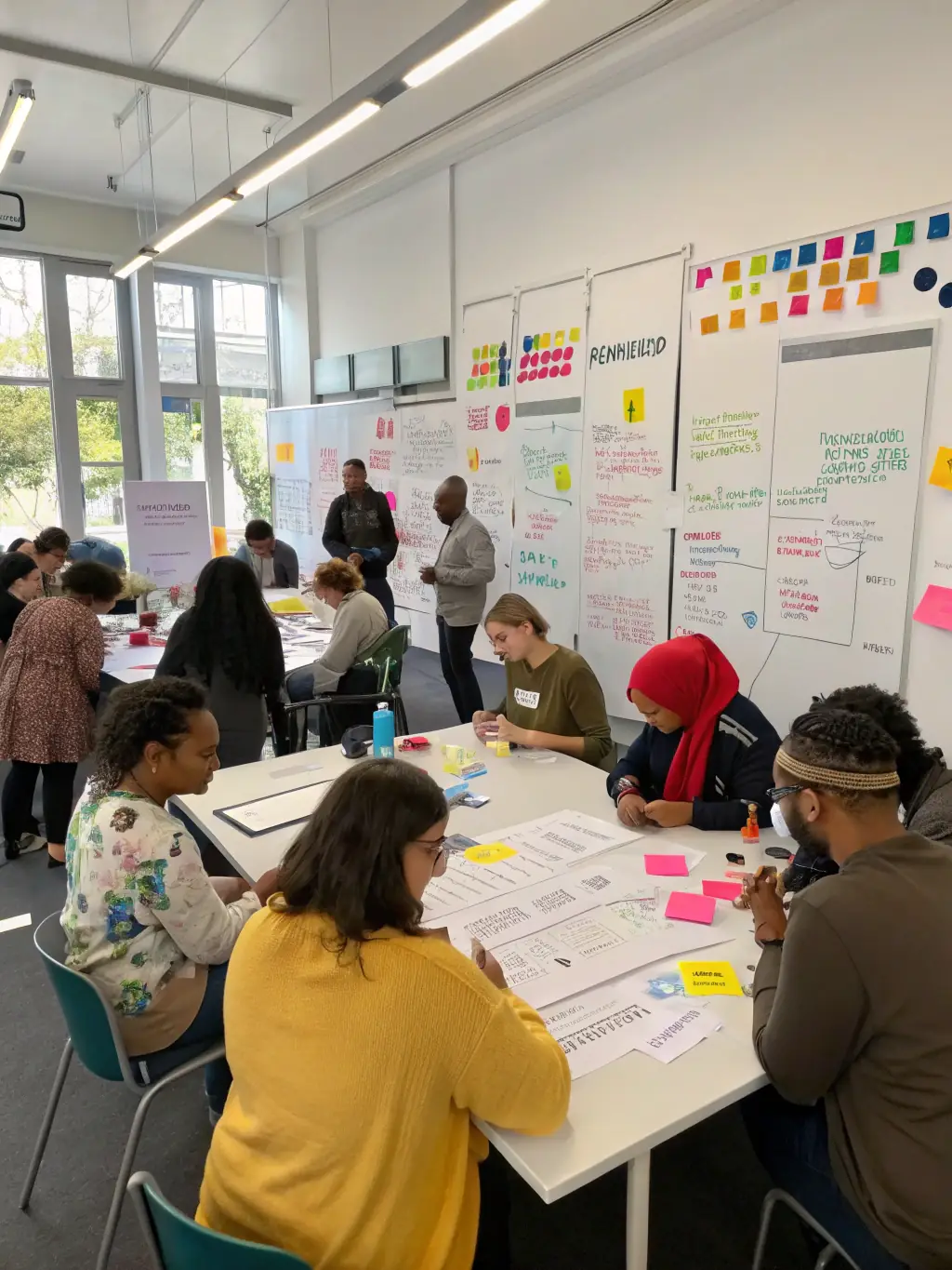 A vibrant photograph capturing a collaborative workshop session at the European Music Festivals Network event, showcasing participants from various countries actively engaged in discussions and planning.