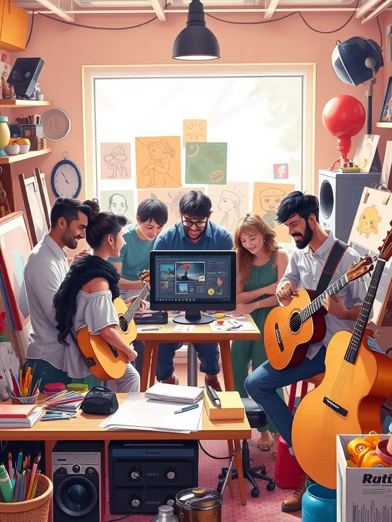 A photo of a workshop session during the Cultural Bridges Initiative, featuring emerging artists from diverse backgrounds engaged in a collaborative music-making activity, promoting mutual understanding and artistic growth.