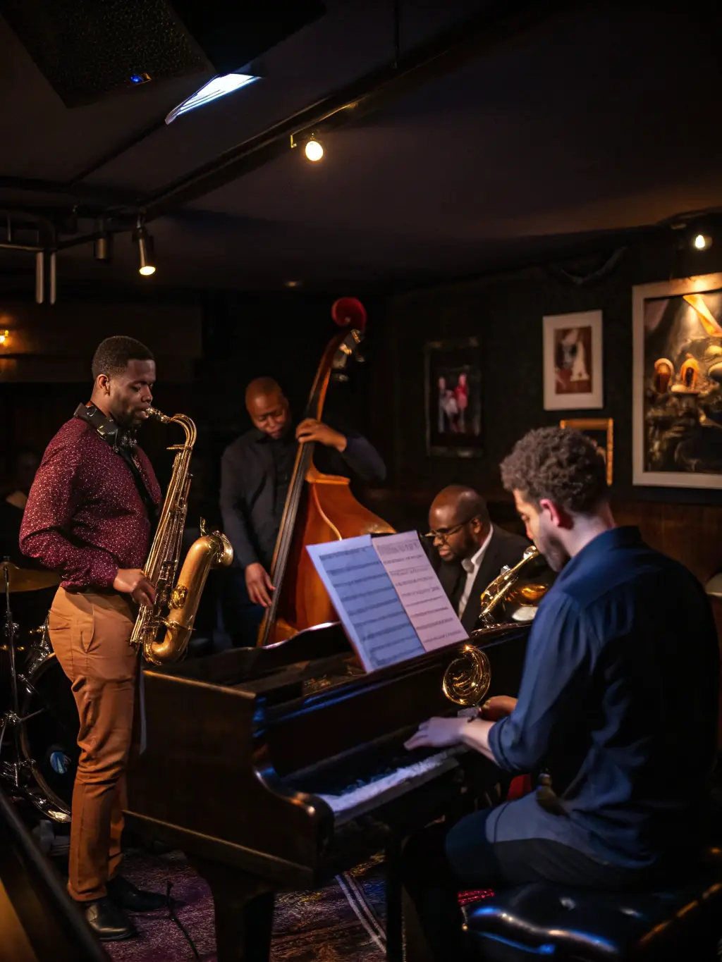 A captivating photo of a jazz ensemble performing in a dimly lit club, with close-ups of the musicians and their instruments.