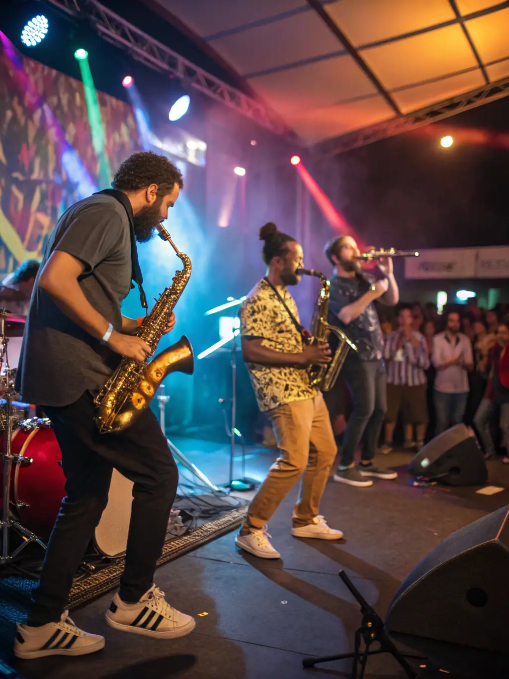 A diverse group of musicians collaborating on stage, representing DE CONCERT's commitment to artistic creation and cultural exchange.