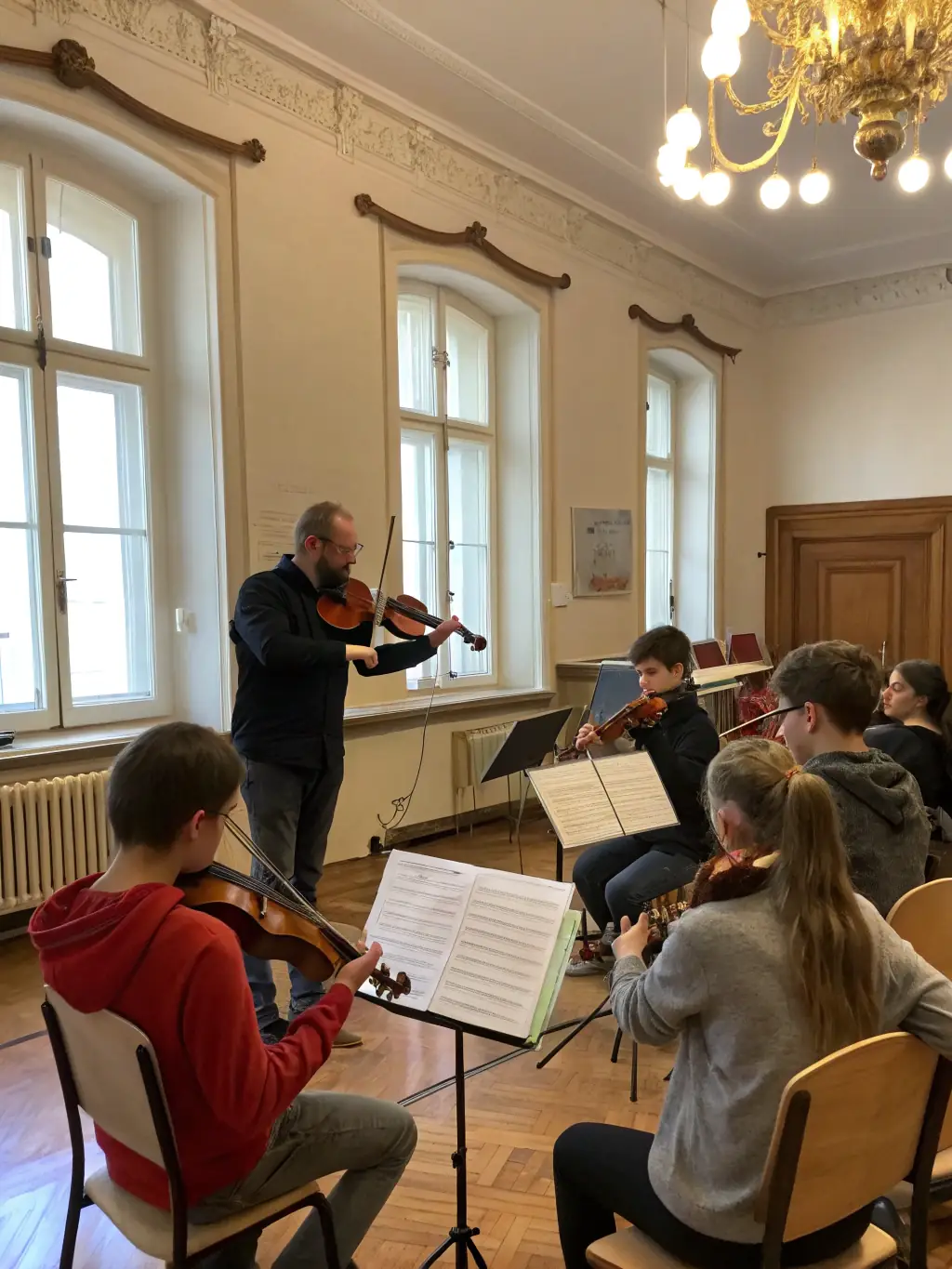 A vibrant photograph capturing a collaborative music workshop during the 'Global Music Exchange 2022' project, showcasing musicians from different countries working together.