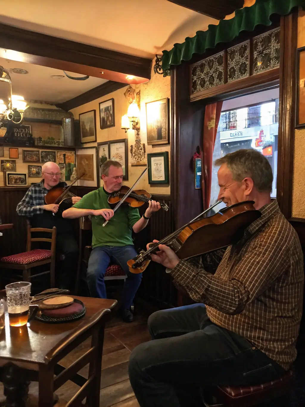 A dynamic image of a traditional Celtic band performing on stage at a folk music festival, showcasing their instruments and energetic performance style.
