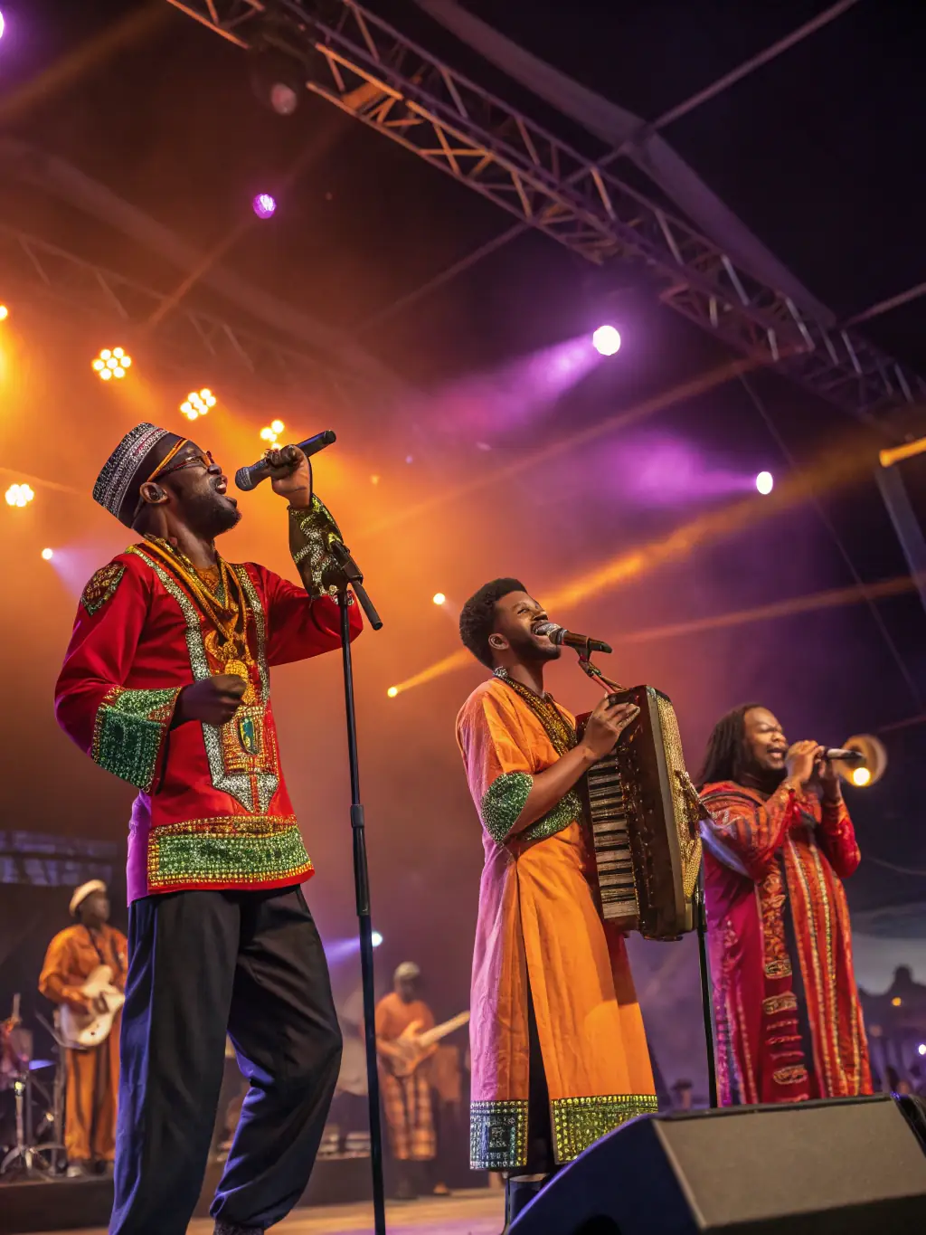 A dynamic image of musicians from different cultural backgrounds performing together on stage during the Global Music Exchange 2022, highlighting the project's success in celebrating cultural diversity.