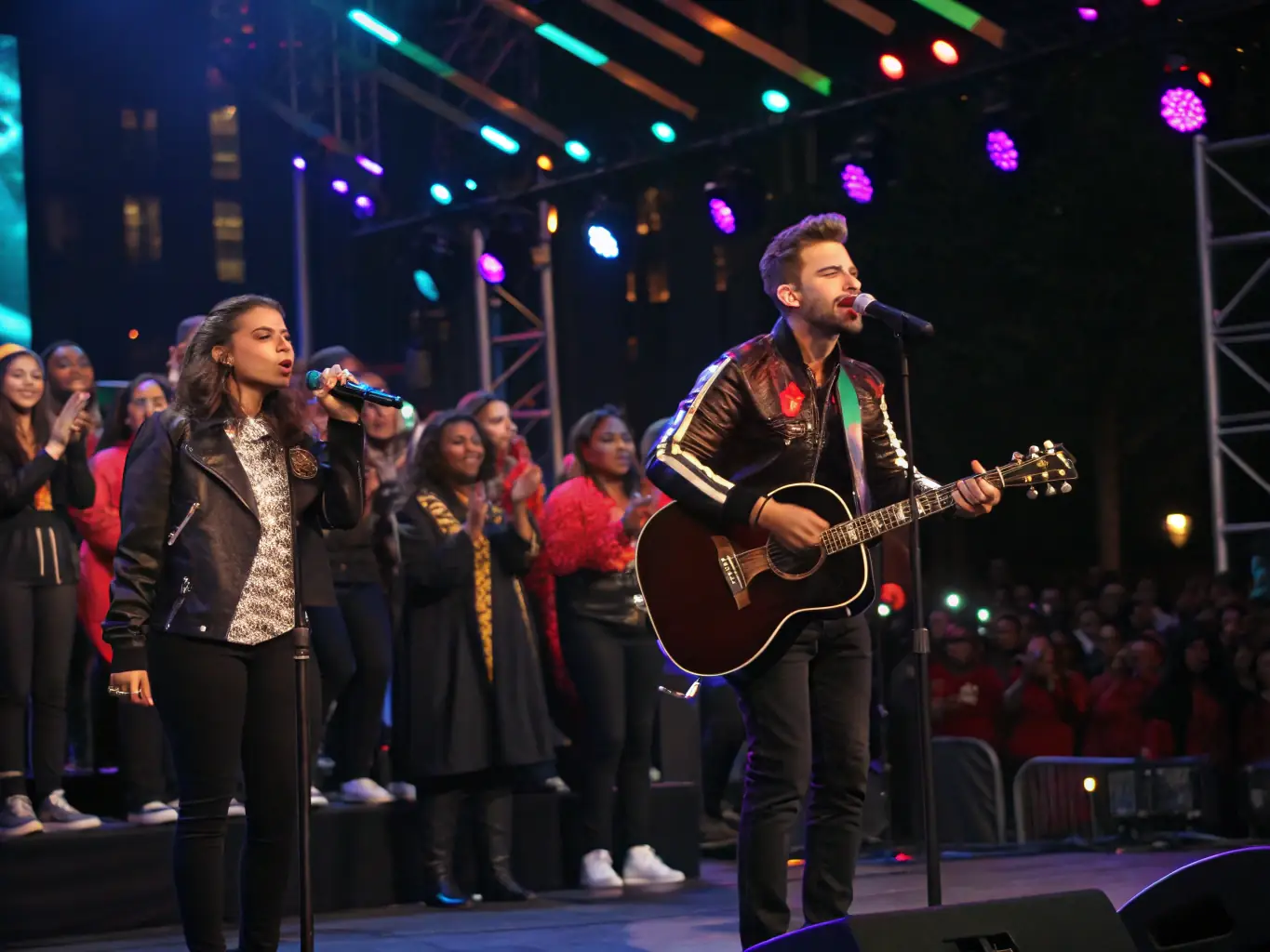 A captivating photo of a joint performance featuring artists from multiple international festivals, celebrating the fusion of diverse musical styles and the power of cross-cultural collaboration.