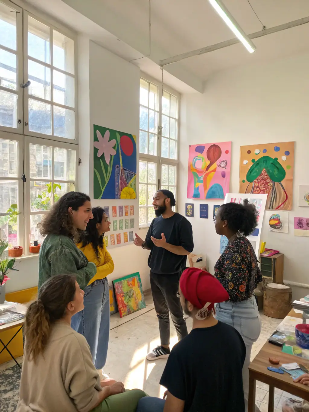 A heartwarming photo of young, emerging artists from diverse backgrounds working together during a residency as part of the Cultural Bridges Initiative, emphasizing cultural exchange.