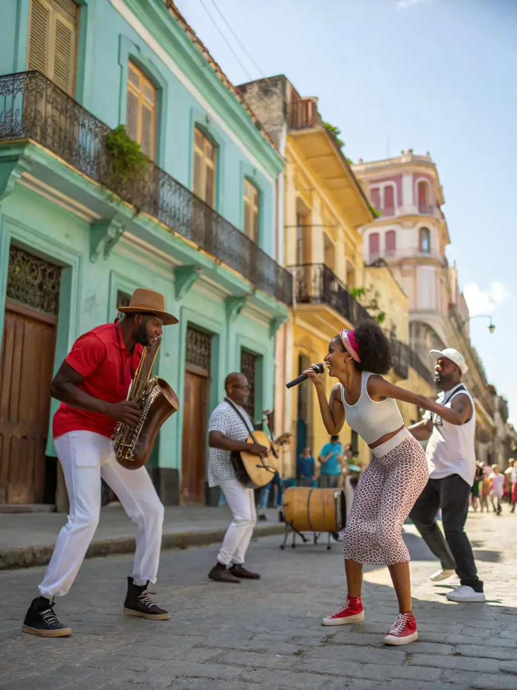 A lively image of a Latin band performing at a street festival, with dancers and vibrant decorations creating a festive atmosphere.